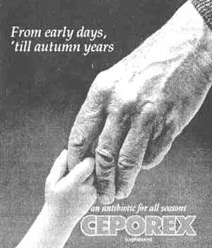 Реклама Glaxo Цепорекса (цефалексина) в QIMP, Пакистан, 1988-89 гг.