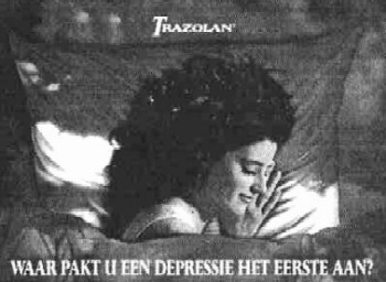 «Откуда начинать борьбу с депрессией?» - почтовая открытка, которую в 1992 г. фирма Searle рассылала врачам в Нидерландах, рекламируя антидепрессант.