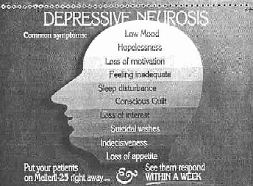 Sandoz в 1990 г. рекламирует нейролептик (тиодазин) для врачей в Индии для лечения таких симптомов, как «чувство неадекватности» и «нерешительность»