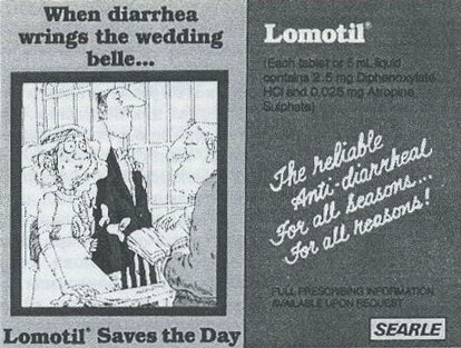 Женщина, не справляющаяся с ситуацией, в рекламе препарата Searfe пометил (дифеноксилат], РIМS, Филиппины, декабрь 1988